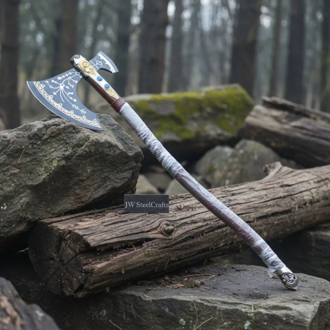 Engraved Head Double-Bit Viking Fantasy Display Axe handmade Handmade Axe JW SteelCrafts