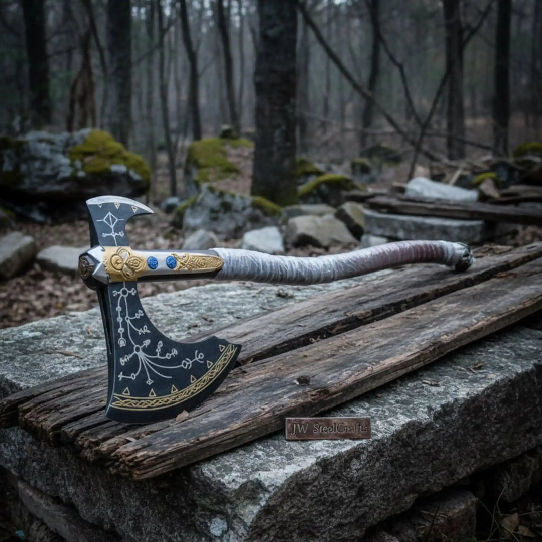 Engraved Head Double-Bit Viking Fantasy Display Axe handmade Handmade Axe JW SteelCrafts