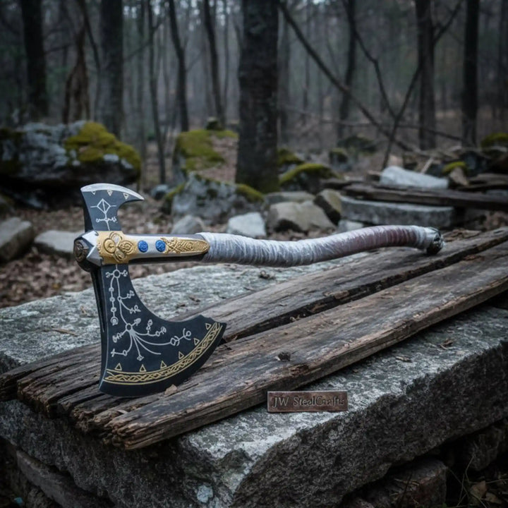 Engraved Head Double-Bit Viking Fantasy Display Axe handmade Handmade Axe JW SteelCrafts