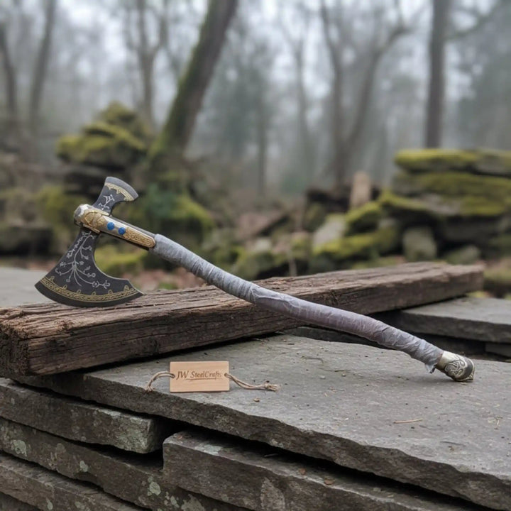 Engraved Head Double-Bit Viking Fantasy Display Axe handmade Handmade Axe JW SteelCrafts