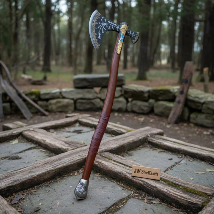 Engraved Head Double-Bit Viking Fantasy Display Axe handmade Handmade Axe JW SteelCrafts