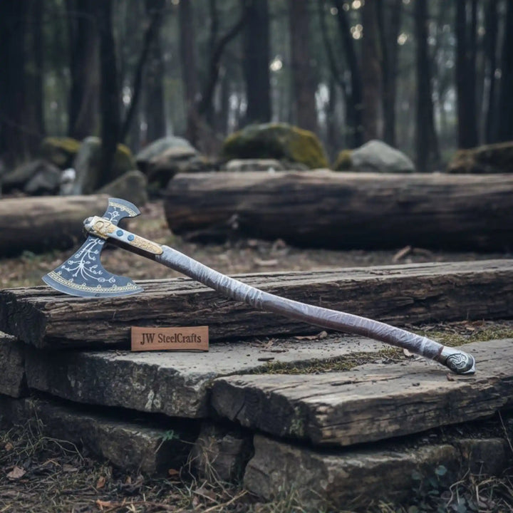 Engraved Head Double-Bit Viking Fantasy Display Axe handmade Handmade Axe JW SteelCrafts