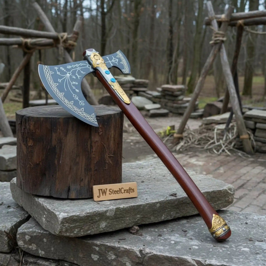 Engraved Head Double-Bit Viking Fantasy Display Axe handmade Handmade Axe JW SteelCrafts