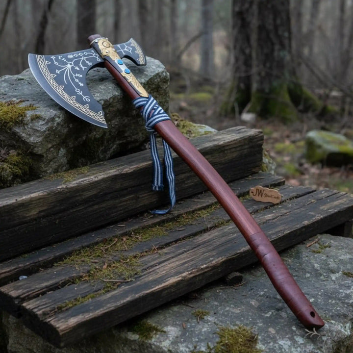 Engraved Head Double-Bit Viking Fantasy Display Axe handmade Handmade Axe JW SteelCrafts