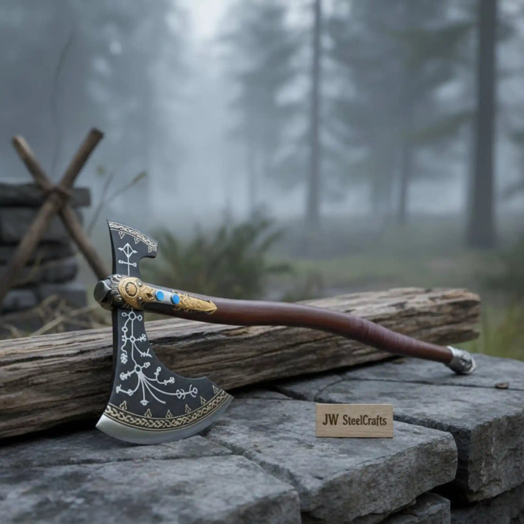 
Viking double-bit fantasy axe side profile showing Norse-inspired engraving on dark steel head and gold decorated rosewood handle


