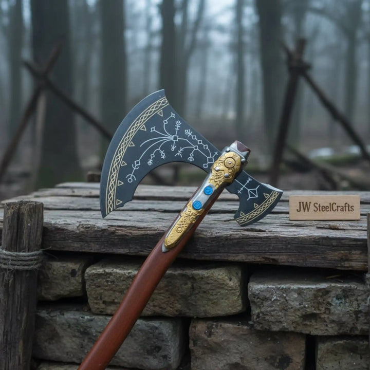 Engraved Head Double-Bit Viking Fantasy Display Axe handmade Handmade Axe JW SteelCrafts
