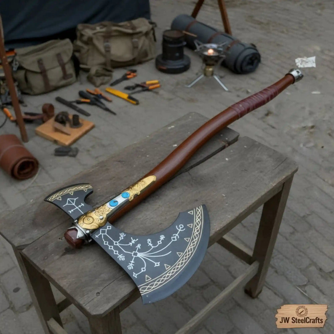 Engraved Head Double-Bit Viking Fantasy Display Axe handmade Handmade Axe JW SteelCrafts