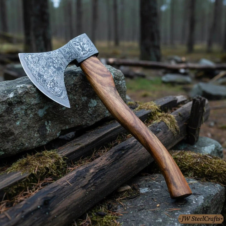     Cedarfang custom bushcraft axe featuring intricate Damascus steel patterns and ergonomic hardwood grip in woodland setting.