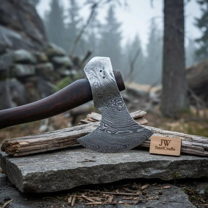    Emberroot premium camping hatchet featuring detailed Damascus blade textures and handcrafted leather sheath outdoors.