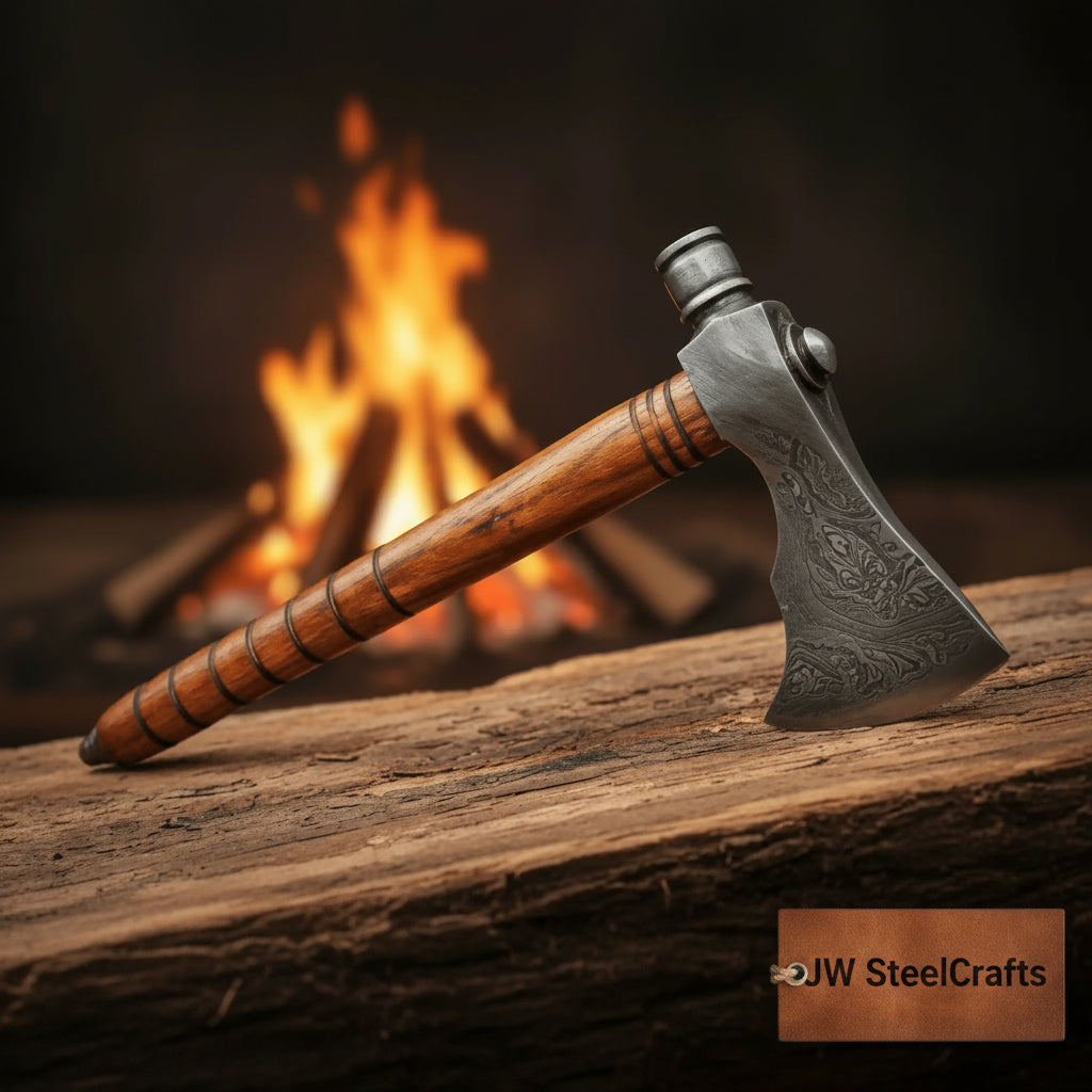     Cinderforge handcrafted campfire hatchet with engraved steel blade and polished wooden handle resting beside glowing flames.