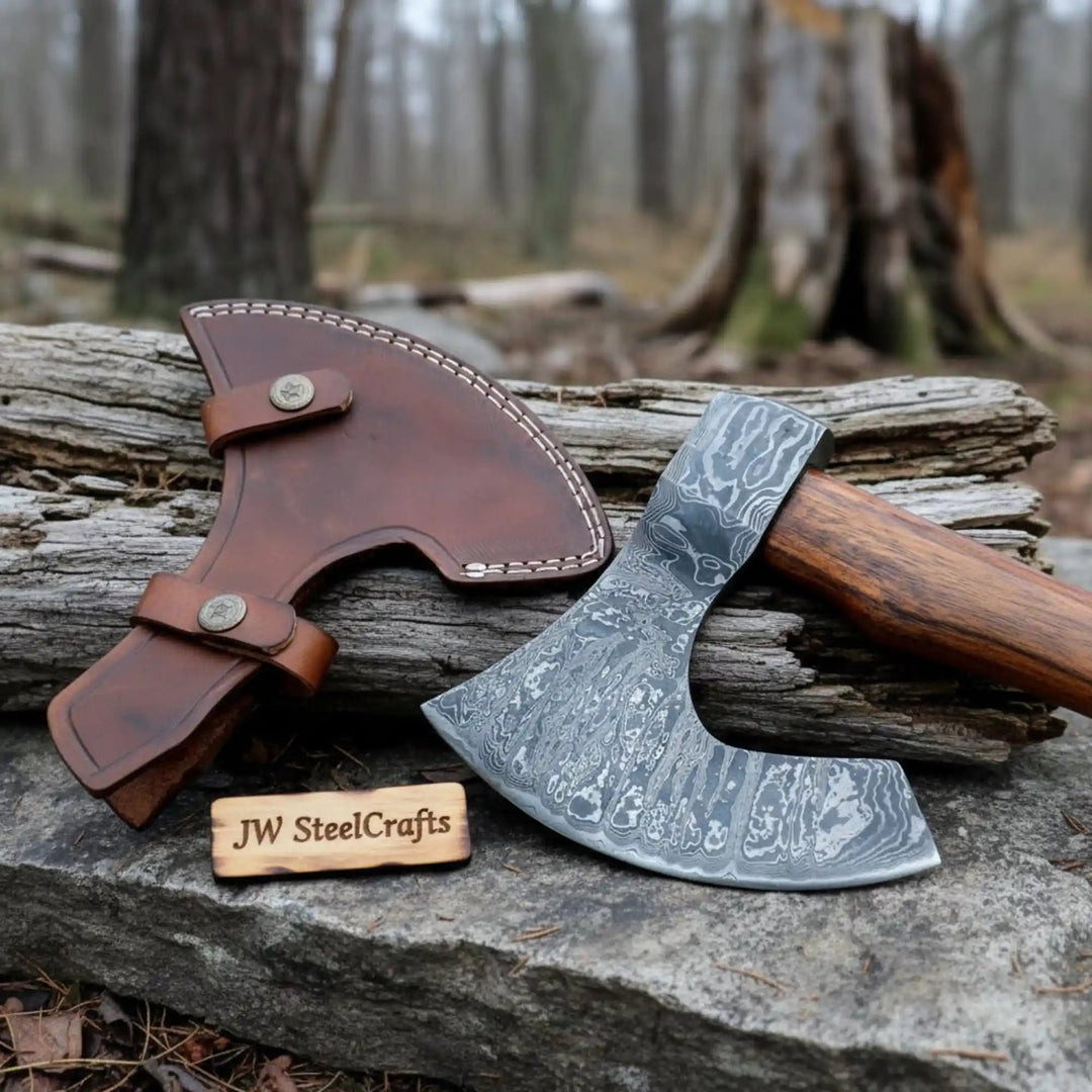     Darkember artisan forest axe with detailed Damascus steel textures and leather sheath placed beside driftwood in nature.