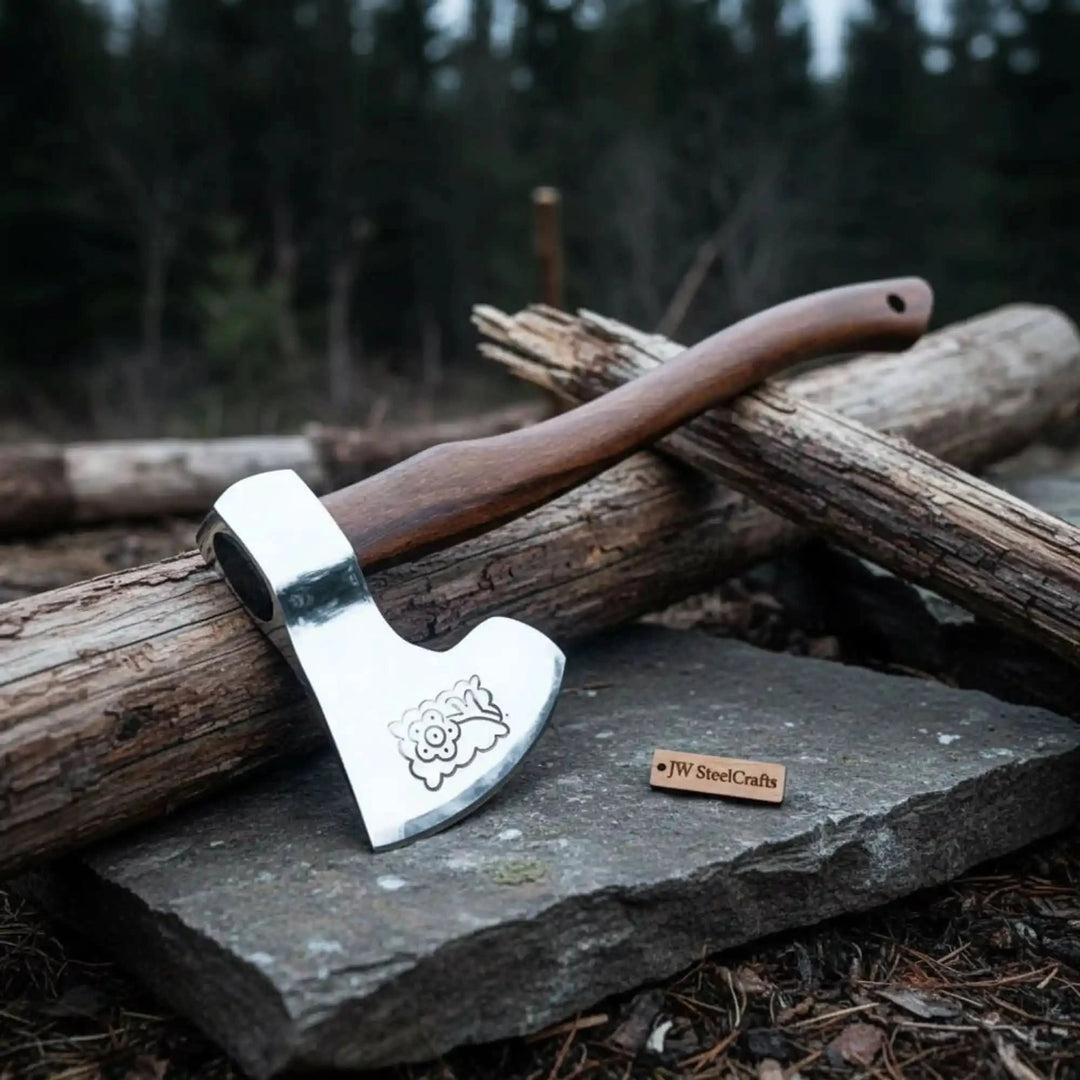     Cedarcrest handmade utility axe featuring mirror-finished blade and slim wooden handle in rustic woodland setting.