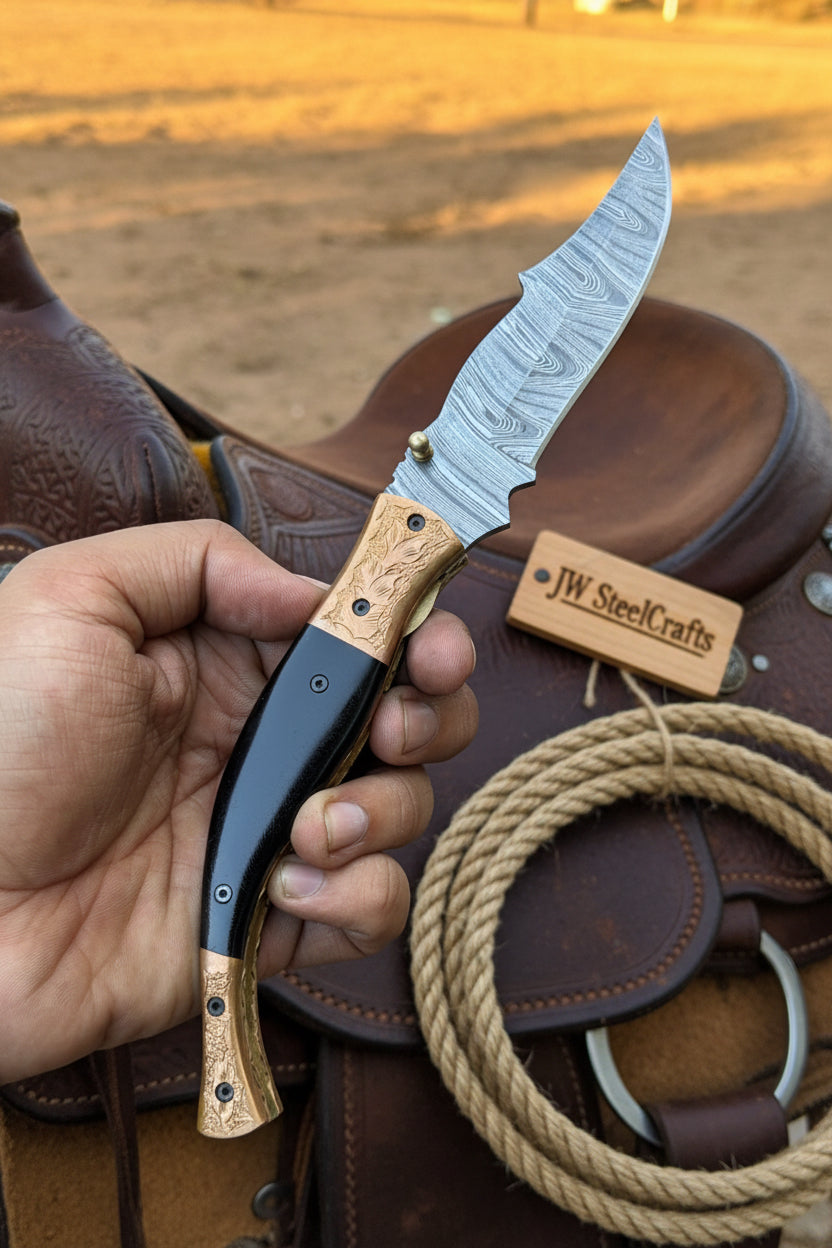 Hidewood Skinner Folder Knife 8" Handmade Damascus Micarta Handle