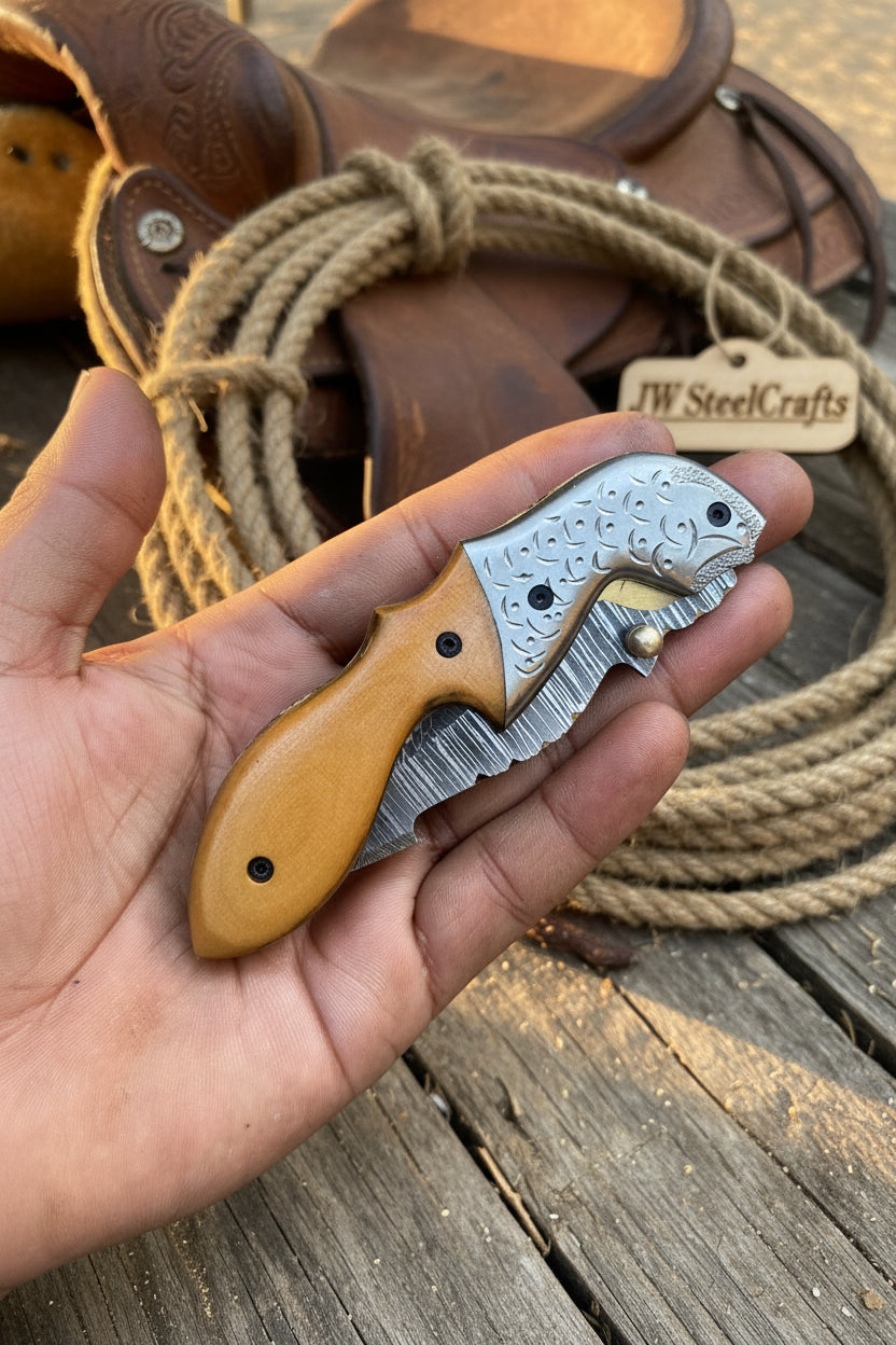 Honeywood Hawkbill Folder Knife 8" Handmade Wood Handle Damascus Blade
