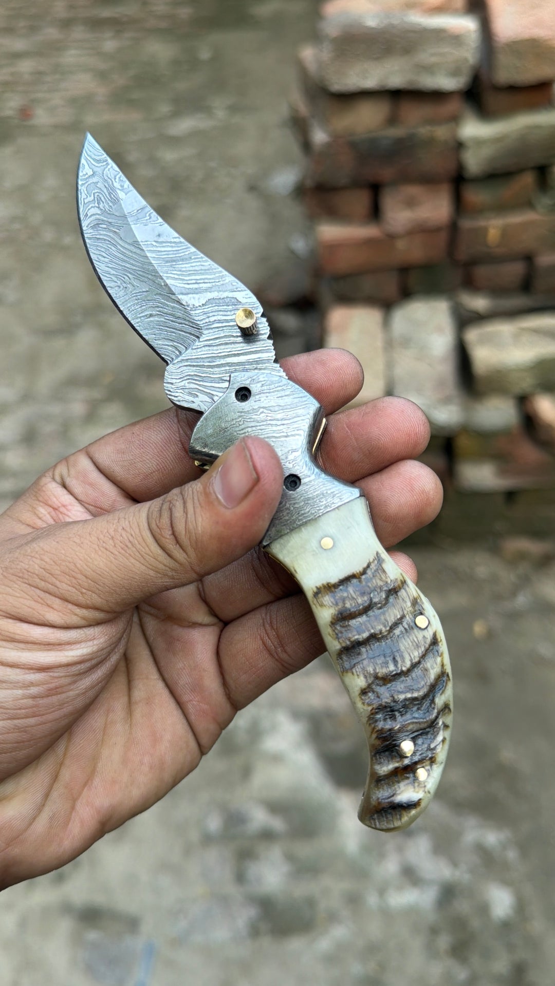 Pearlridge Damascus Folder 7" Handmade Mother of Pearl Lock Back