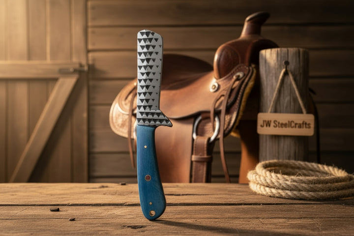 Tealstone Bull Cutter Knife 8" Handmade Rasp Steel Teal Resin Handle