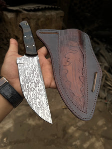 10" Full‑Tang Hunting Knife – Acid‑Etched Stainless Blade, Resin Handle & Leather Sheath