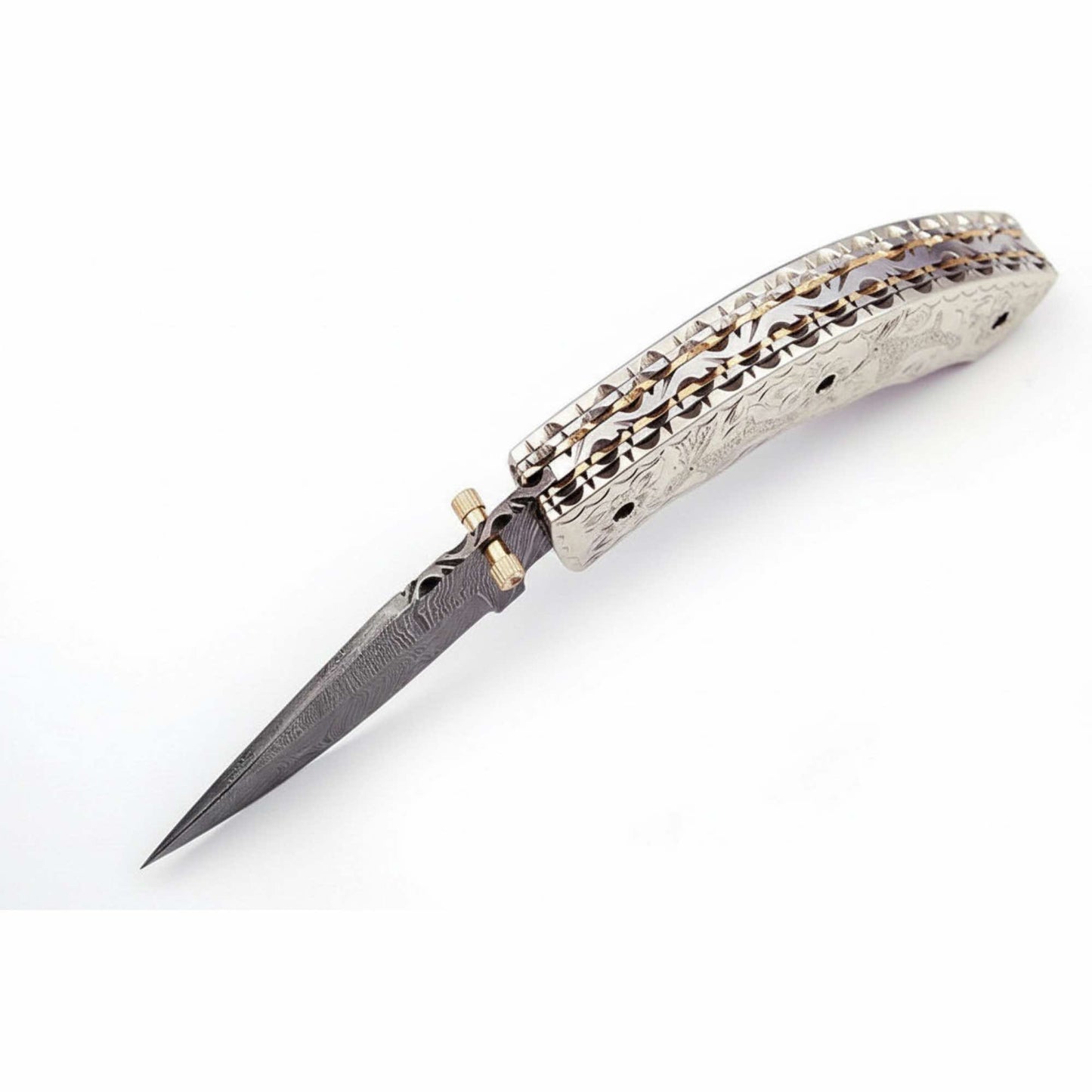 Handcrafted Damascus steel folding knife by JW SteelCrafts with engraved silver handle scales, slim spear-point blade, and detailed layered steel pattern shown in open position on a white background.