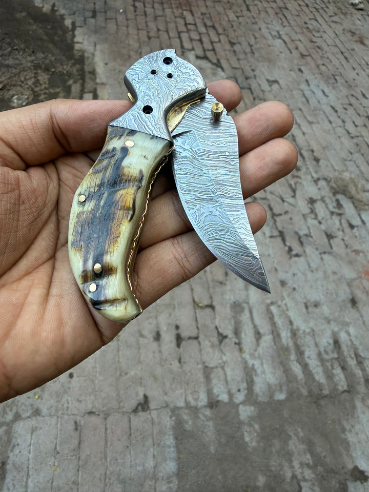 Pearlridge Damascus Folder 7" Handmade Mother of Pearl Lock Back