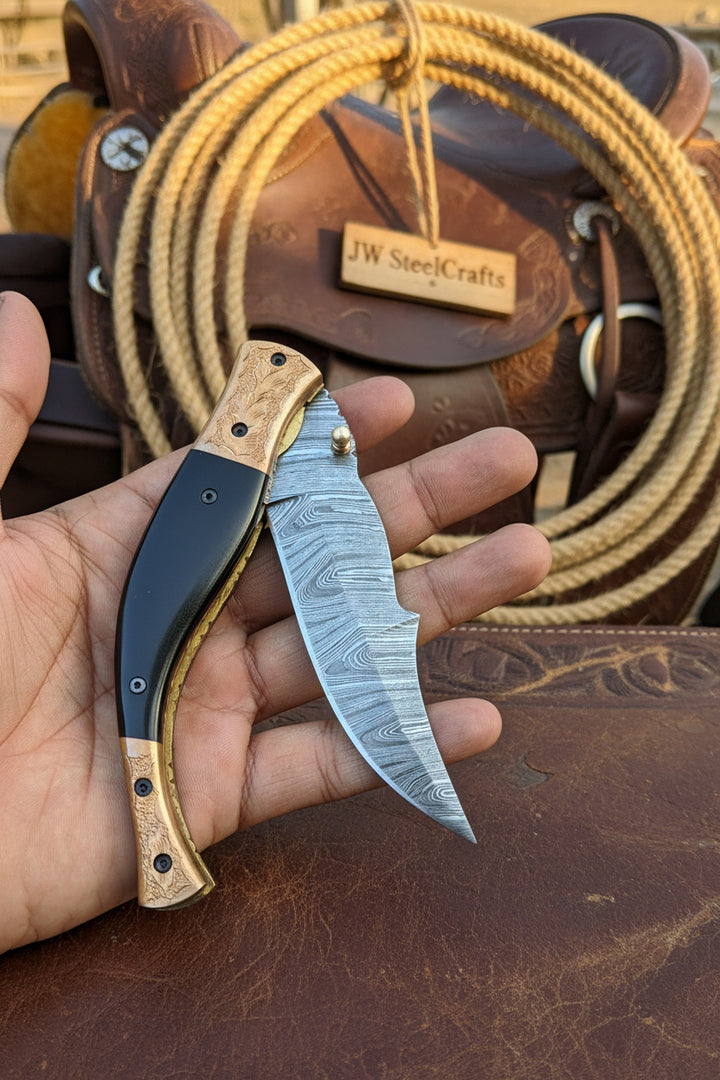 Hidewood Skinner Folder Knife 8" Handmade Damascus Micarta Handle