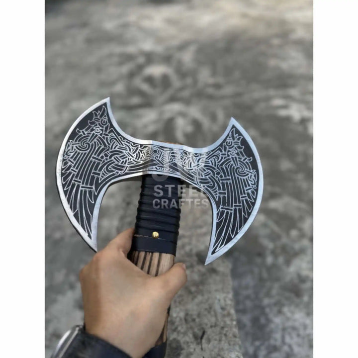 Hand Engraved Double Headed Viking Axe with Nordic Knotwork and Leather Wrapped Handle
