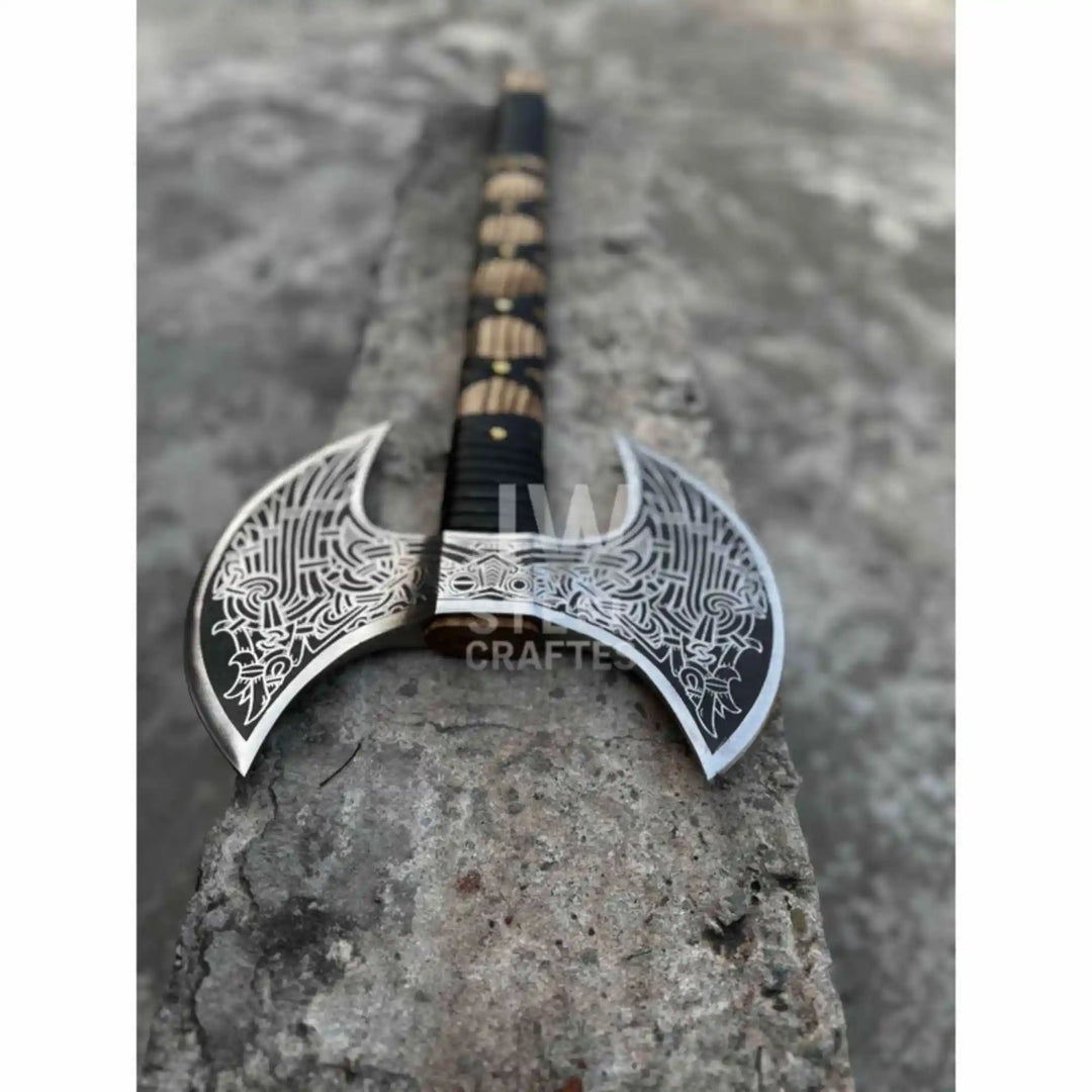 Hand Engraved Double Headed Viking Axe with Nordic Knotwork and Leather Wrapped Handle