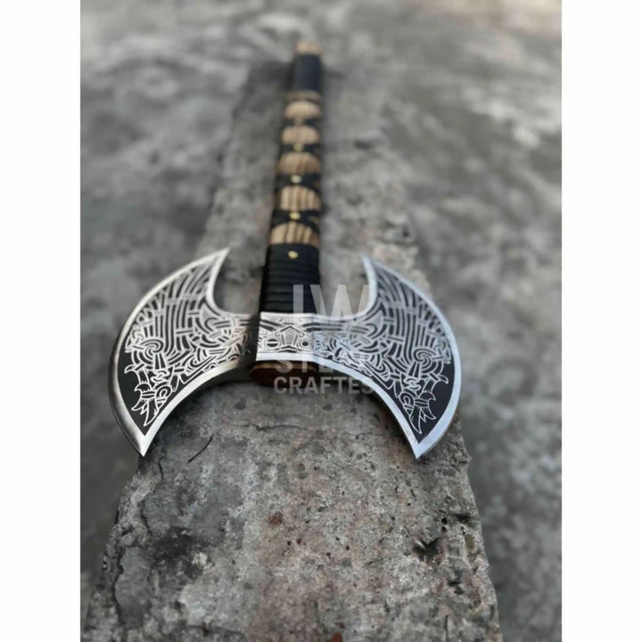 Hand Engraved Double Headed Viking Axe with Nordic Knotwork and Leather Wrapped Handle