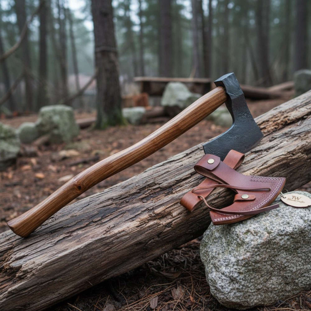     Drake artisan Damascus steel axe displayed with handcrafted leather blade guard on rustic logs and gravel outdoors.
