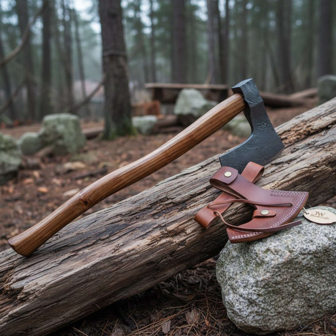     Drake artisan Damascus steel axe displayed with handcrafted leather blade guard on rustic logs and gravel outdoors.