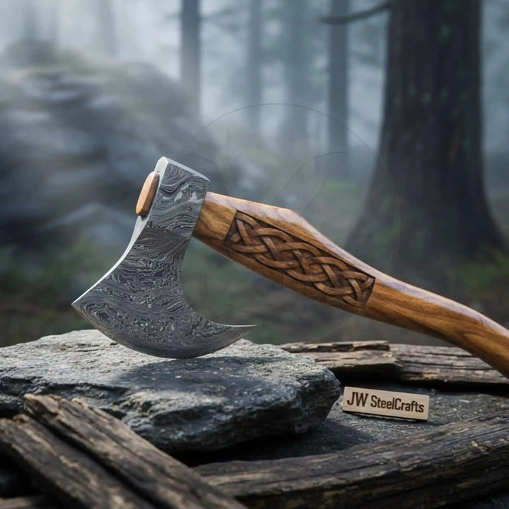     Duskmere handcrafted Viking hatchet featuring engraved Damascus steel and an intricately carved hardwood grip in a foggy forest.