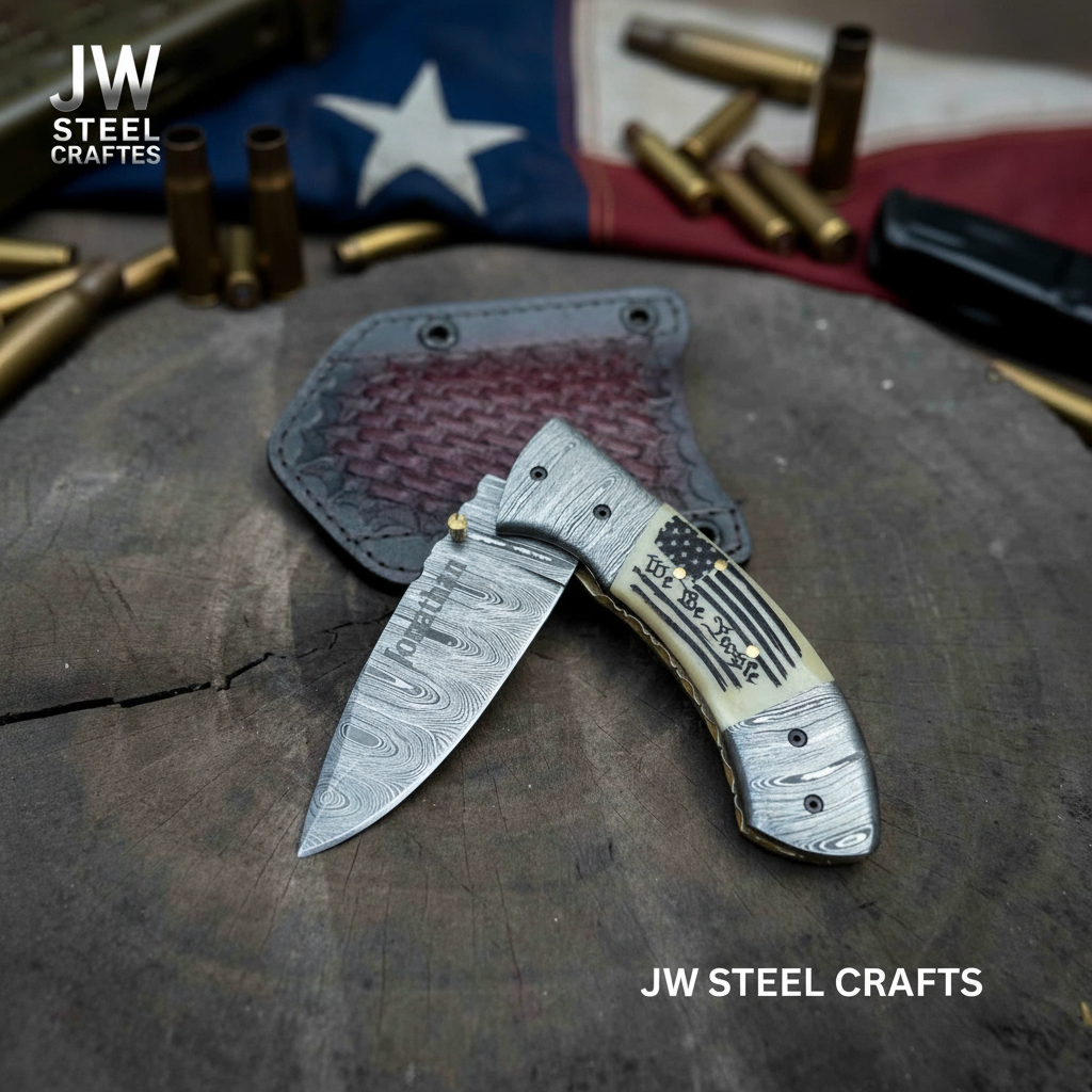Handmade Damascus Folding Knife • “We The People” Bone Handle • Leather Sheath
