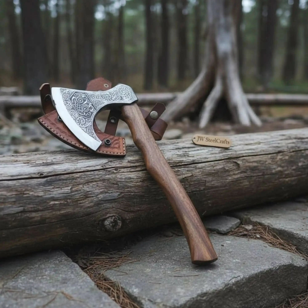     Handmade camping axe with decorative engraved blade and leather sheath displayed in forest setting.
