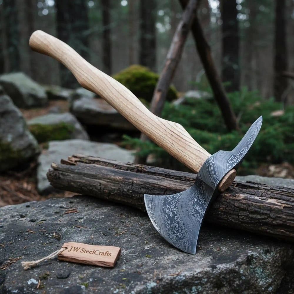     Driftwood artisan Damascus forest hatchet with polished curved edge and natural wood handle photographed outdoors.