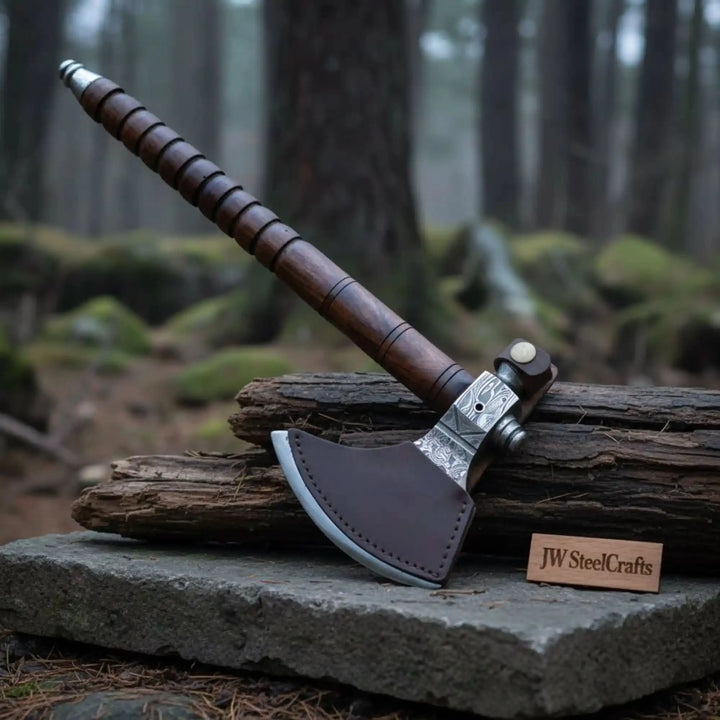     Daggerpine artisan Damascus warrior hatchet showcasing intricate steel engravings and long textured wooden handle outdoors.