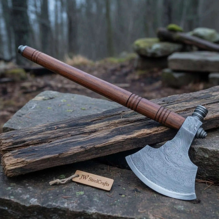     Dynasty forged Damascus camp axe with artisan wooden handle and broad curved blade resting on a textured surface.