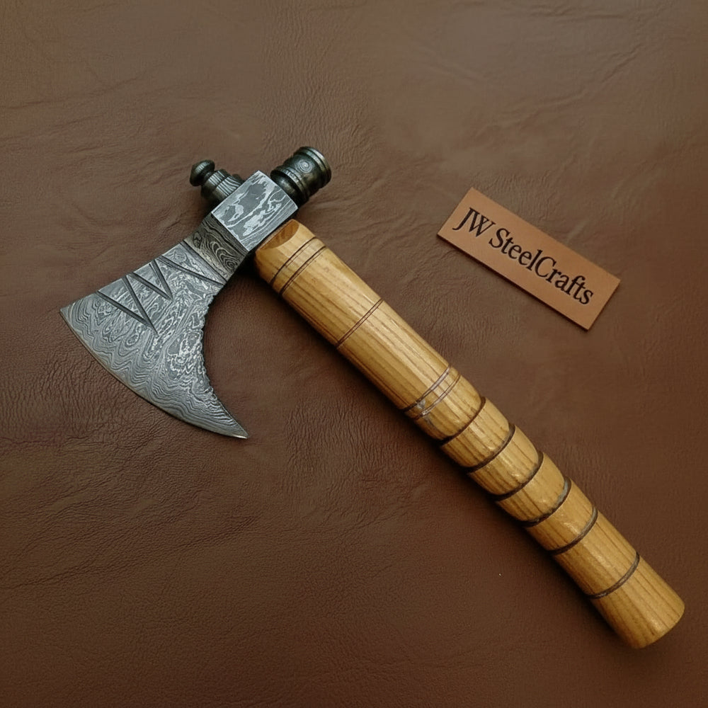     Driftwood handcrafted Viking axe set featuring etched Damascus blades and polished ash wood handles.