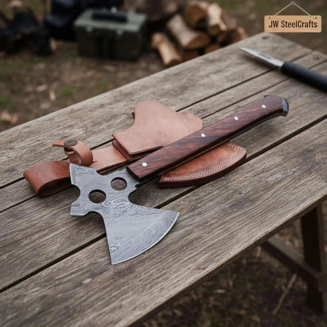     Premium Damascus throwing hatchet with decorative layered blade and polished wooden grip placed on a rustic wooden table in an outdoor camp setting.