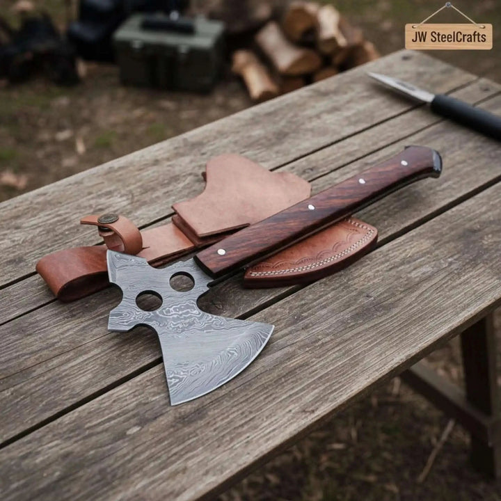     Premium Damascus throwing hatchet with decorative layered blade and polished wooden grip placed on a rustic wooden table in an outdoor camp setting.