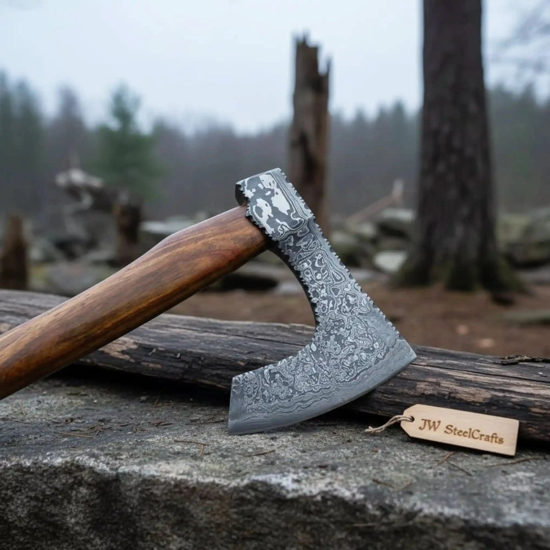     Rustic Viking-style axes with decorative Damascus patterns showcased on dark leather surface.
