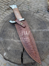 Load image into Gallery viewer, Hand-forged Damascus hunting knife with wooden handle and custom leather sheath