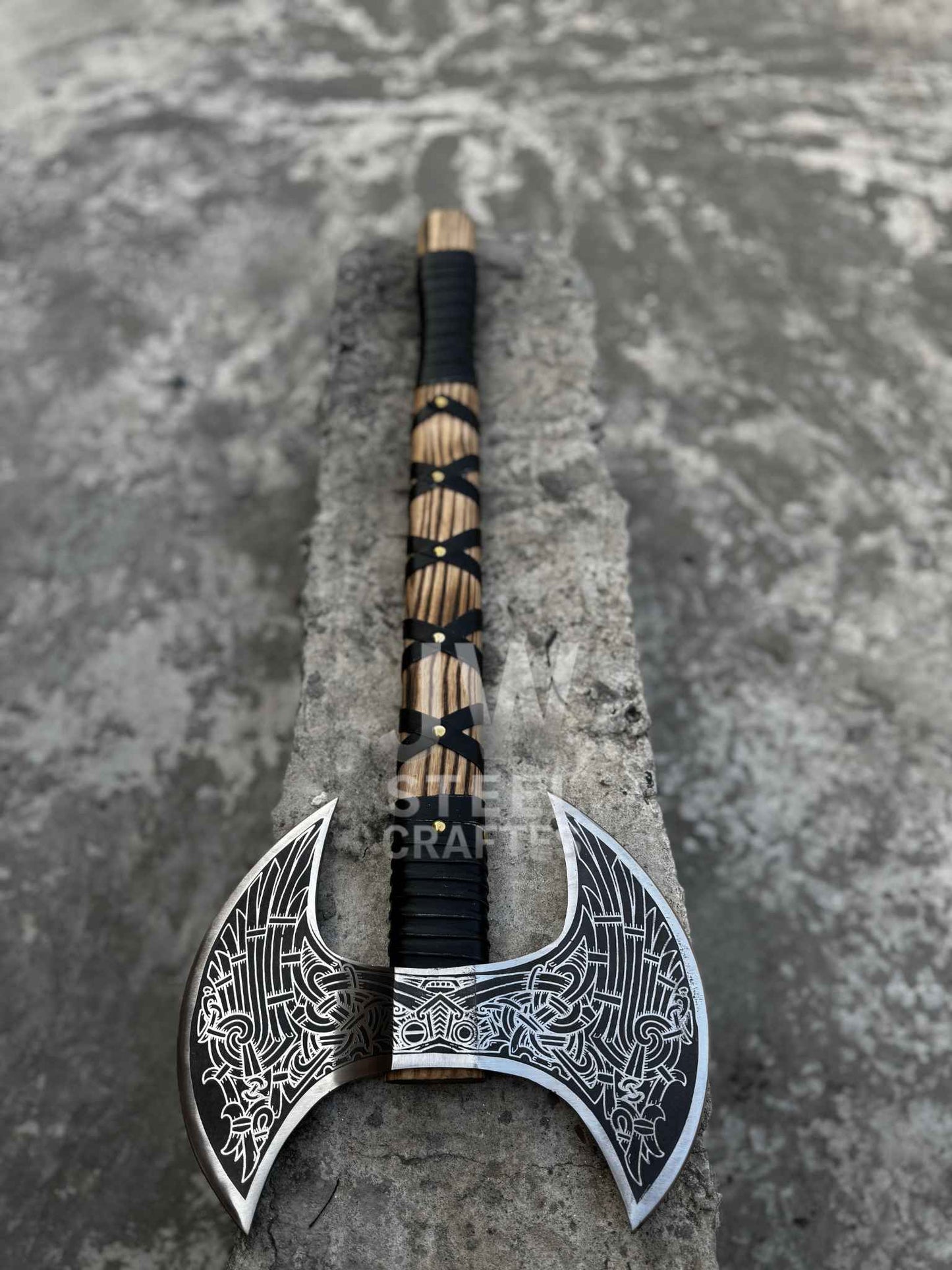 Hand Forged Double-Headed Viking Axe – Norse Engraved Battle Axe with Wooden Handle