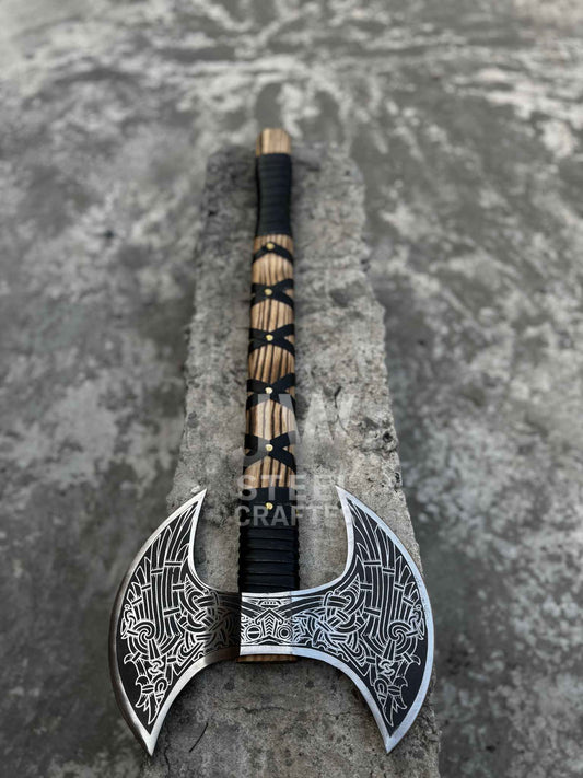 Hand Forged Double-Headed Viking Axe – Norse Engraved Battle Axe with Wooden Handle