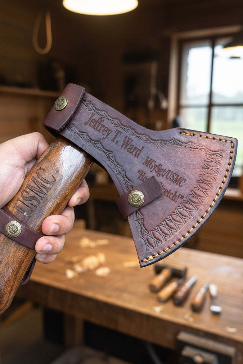 Hand Forged Damascus Steel Broad Edge Belt Axe with Hardwood Handle and Leather Sheath | JW SteelCrafts
