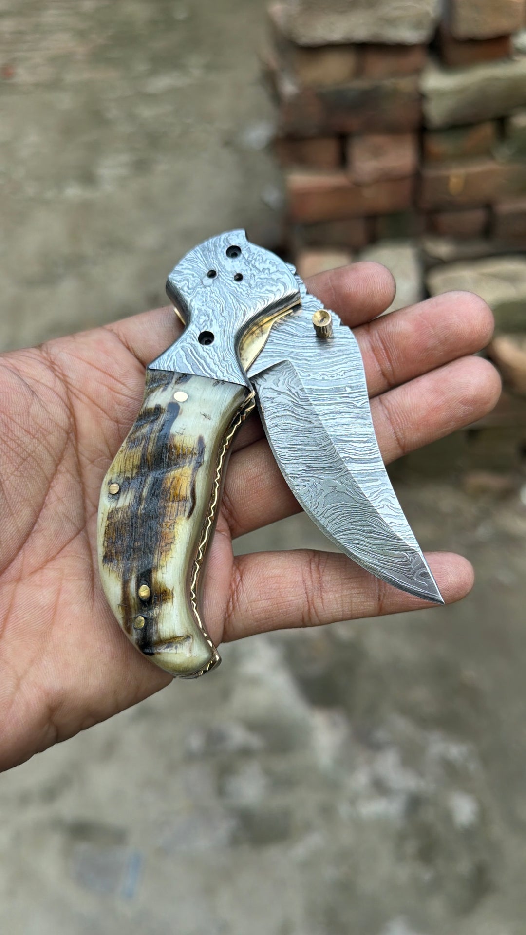 Pearlridge Damascus Folder 7" Handmade Mother of Pearl Lock Back