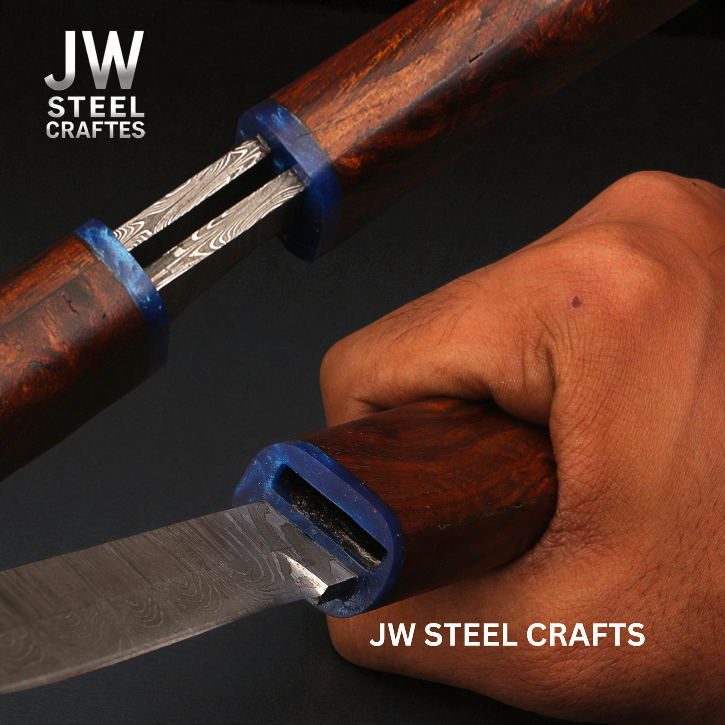 Handmade Damascus Steel Utility Knife with Rosewood Handle & Interlocking Scabbard