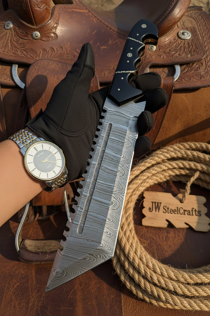 Handmade Damascus Tracker Knife 12” Sawback Blade Survival Knife Black resin Handle &amp; Sheath