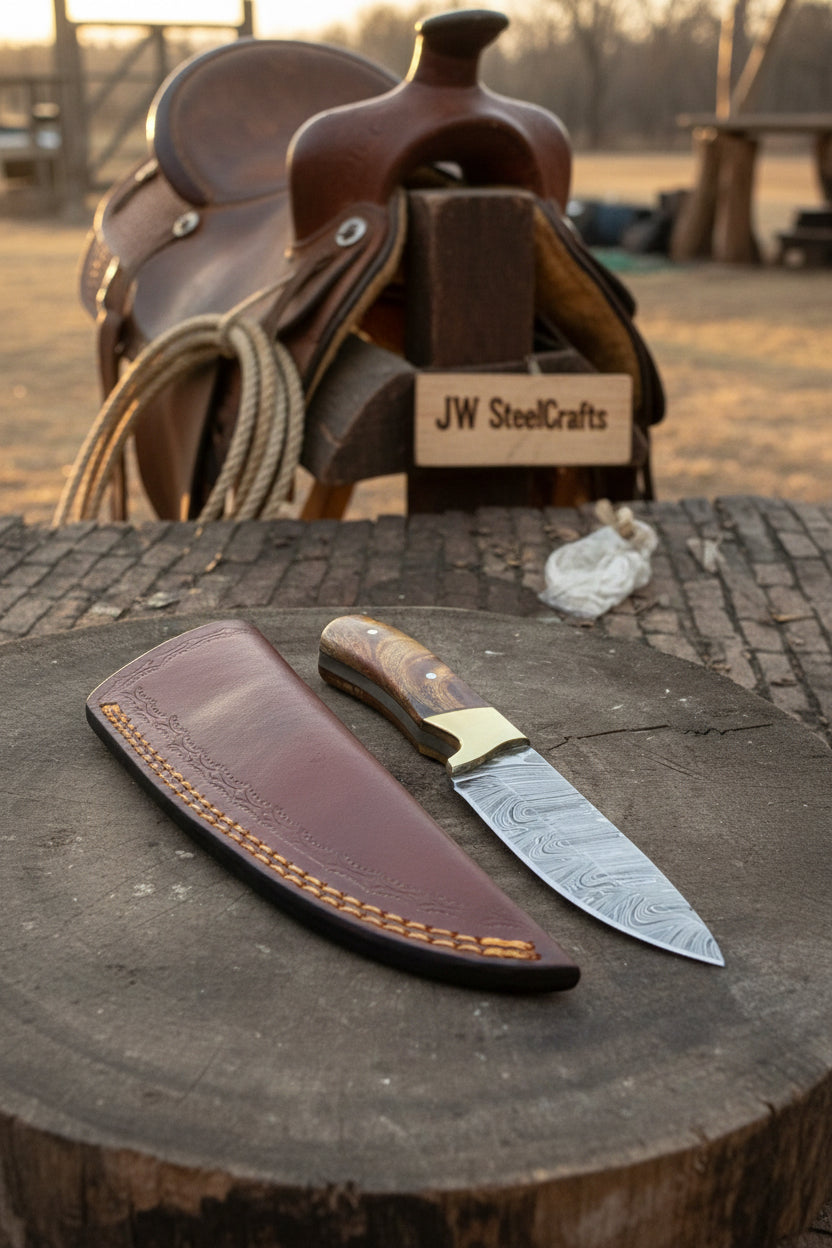 Handmade Damascus Field Knife 8” Bushcraft Knife Wood Handle with Leather Sheath