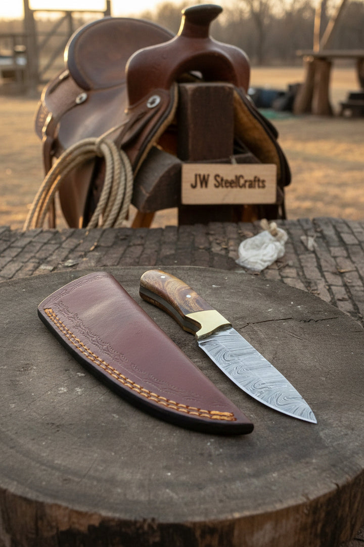 Handmade Damascus Field Knife 8” Bushcraft Knife Wood Handle with Leather Sheath