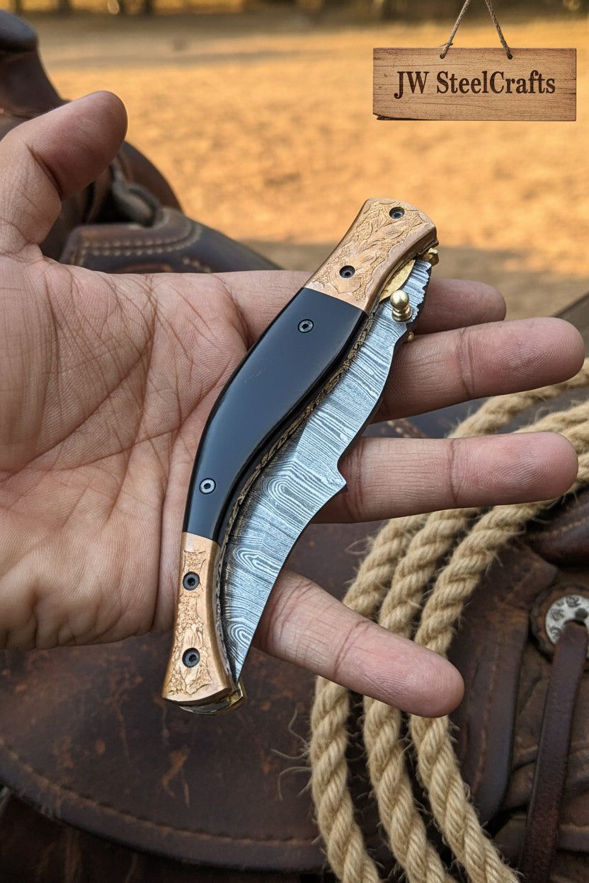 Hidewood Skinner Folder Knife 8" Handmade Damascus Micarta Handle