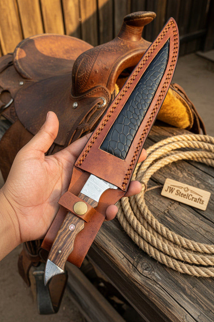 Handmade 13 Inch Overall Damascus Steel Fillet Knife –  Full Tang Fishing Knife with Hardwood Handle and Leather Sheath.